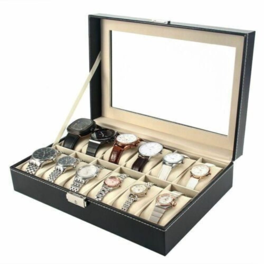 12 Slot Leather Watch Box Display Case Organizer Glas… Gem